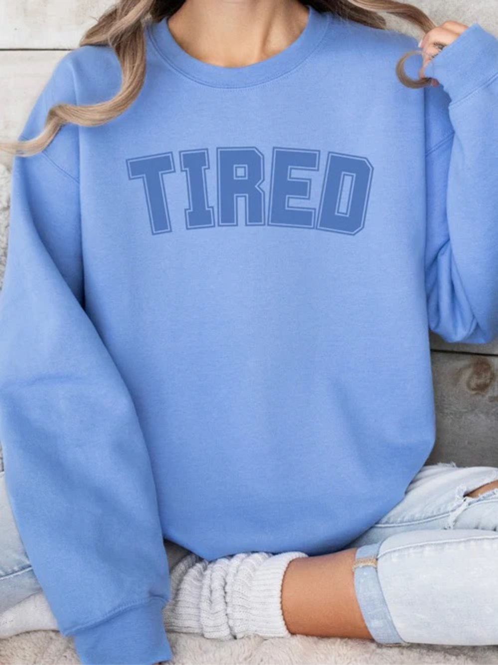 'Tired' Graphic Sweatshirt Blue Crewneck Blue L